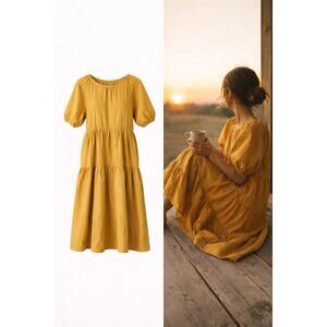 Petal & Pup Clo Puff Sleeve Tiered Midi Dress Mustard Yellow
